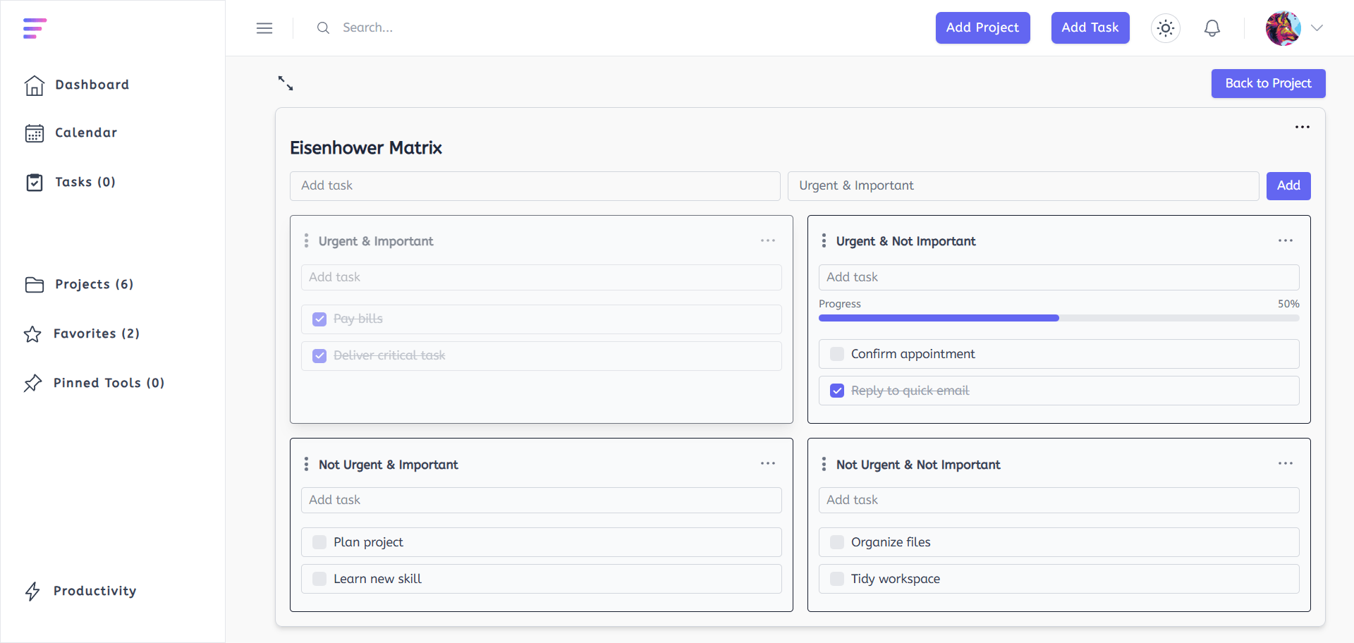 Screenshot of a user's project dashboard showing tasks organized in the Eisenhower Matrix by Rylaa