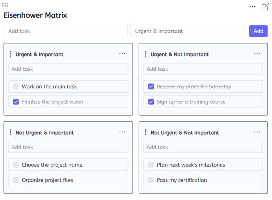 Eisenhower Matrix productivity tool showing tasks prioritized by urgency and importance