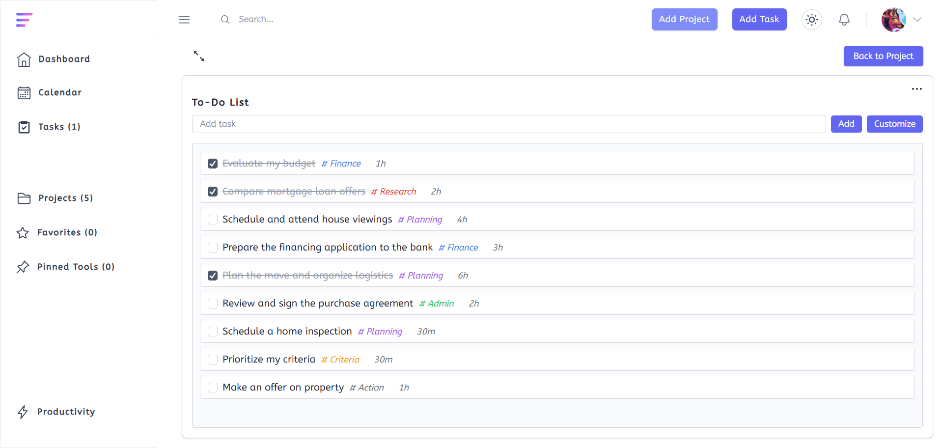Screenshot of a user's project dashboard showing tasks organized in the Eisenhower Matrix by Rylaa